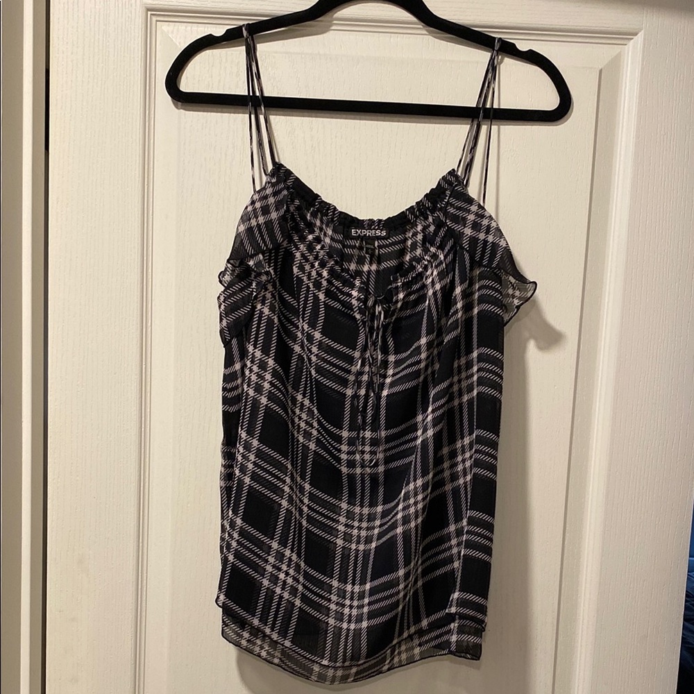 NWOT Express L Black/Pink Plaid Layered Tie Front Tank Top